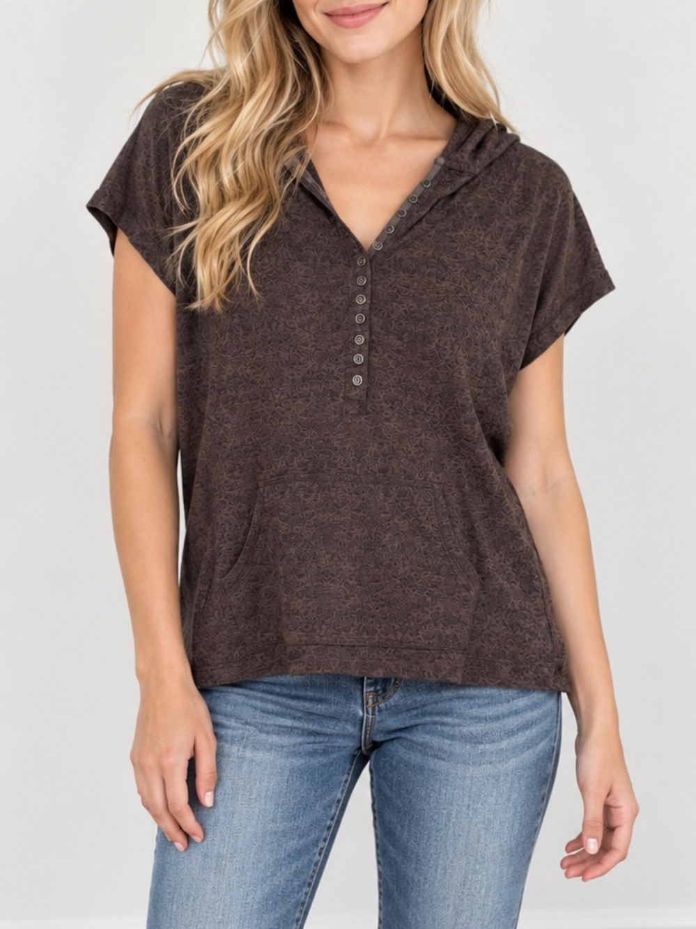 Ruff Hewn Hooded Short Sleeves Cotton Lightweight Henley Top